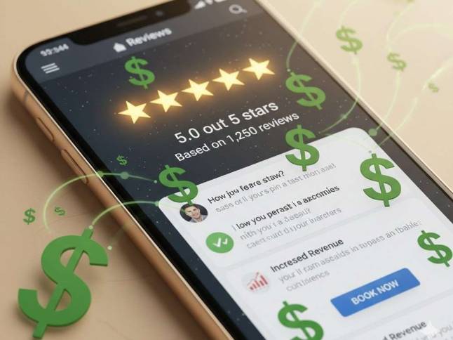5 star reviews online with dollar signs, showcasing customer satisfaction and success.